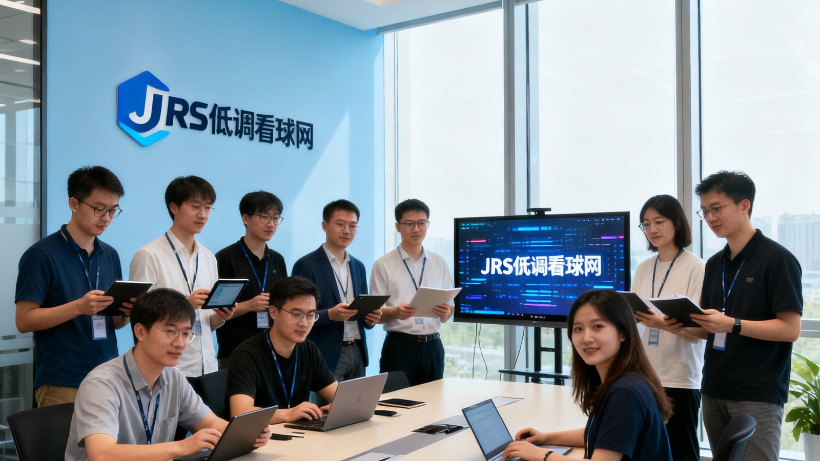 JRS低调看球网核心技术团队合影，包含直播技术工程师、内容编辑和社区运营人员在现代化办公室中协作